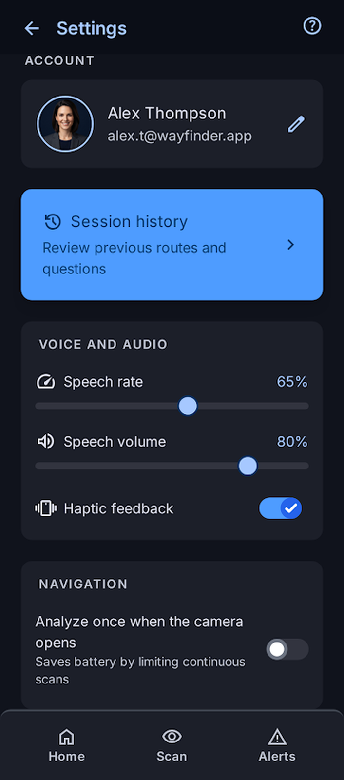 WayFinder settings screen showing the account, session history, speech rate and volume, haptic feedback, and camera analysis controls